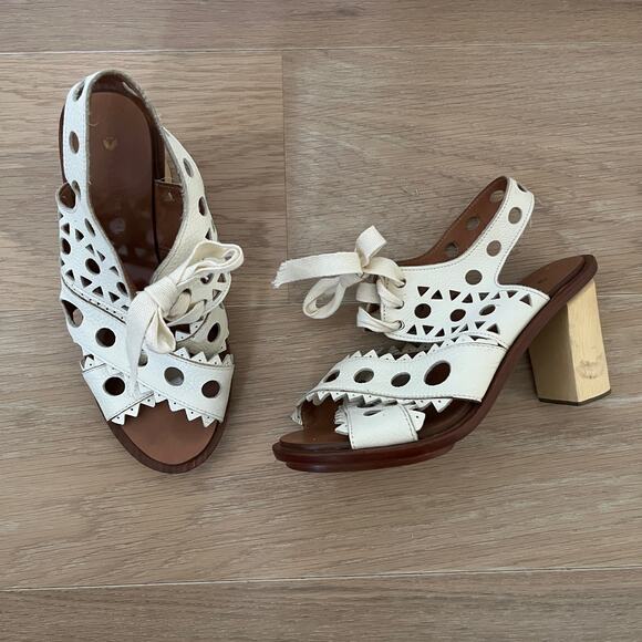 Anthropologie LEIFSDOTTIR Cutout Leather Riika Heeled Sandals Wood Heel 6.5/7 - Picture 1 of 10